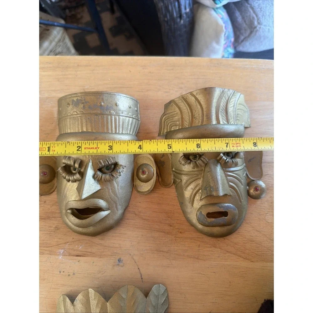 3 VNTG Mexican Tin Metal Masks Beaded Eyes Folk Art Primitive Style Tribal 6